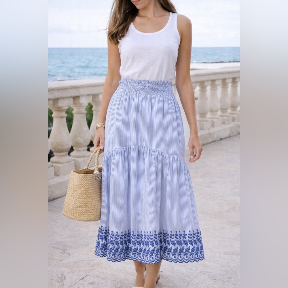 Tuckernuck Cinzia Blue Stripe Eyelet Midi Skirt Medium NWT